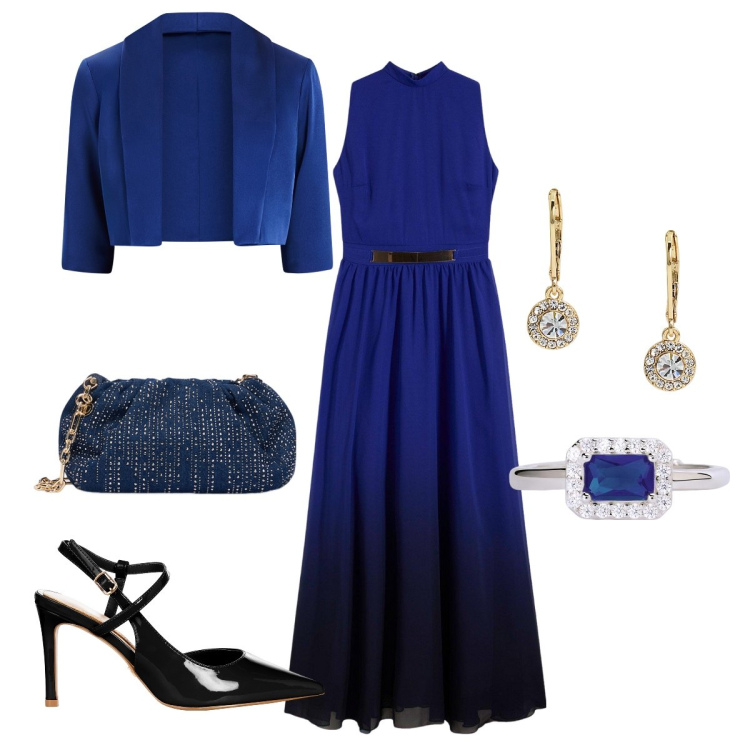 Outfit donna - Madre della sposa. Stile Chic per Cerimonia. Abbinamento con vestiti, anelli, décolleté, bolero, orecchini, clutch.