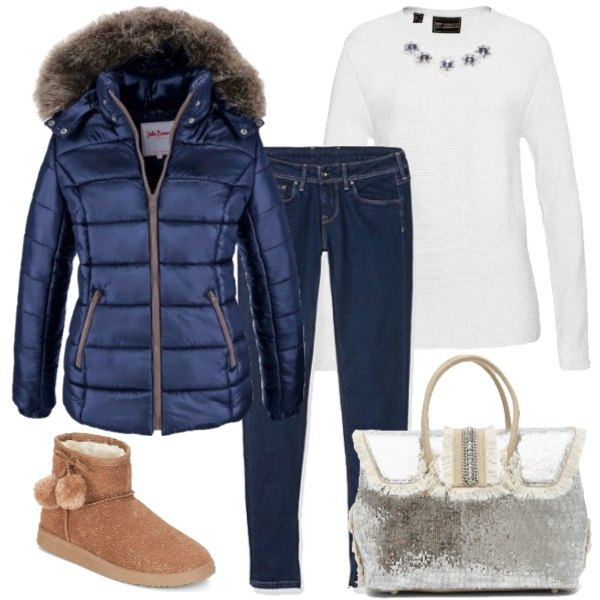 Outfit donna - Con la neve. Stile Basic per Tutti i giorni. Abbinamento con piumini, pullover con scollo filato bianco e corda, stivaletti, catena con strass e paillettes beige e argento, jeans in denim blu.