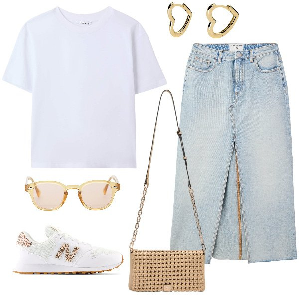 Outfit donna - T-shirt basic e gonna di jeans. Stile Minimal per Tutti i giorni. Abbinamento con orecchini, gonne lunghe, t-shirt, occhiali da sole, sneakers, clutch.