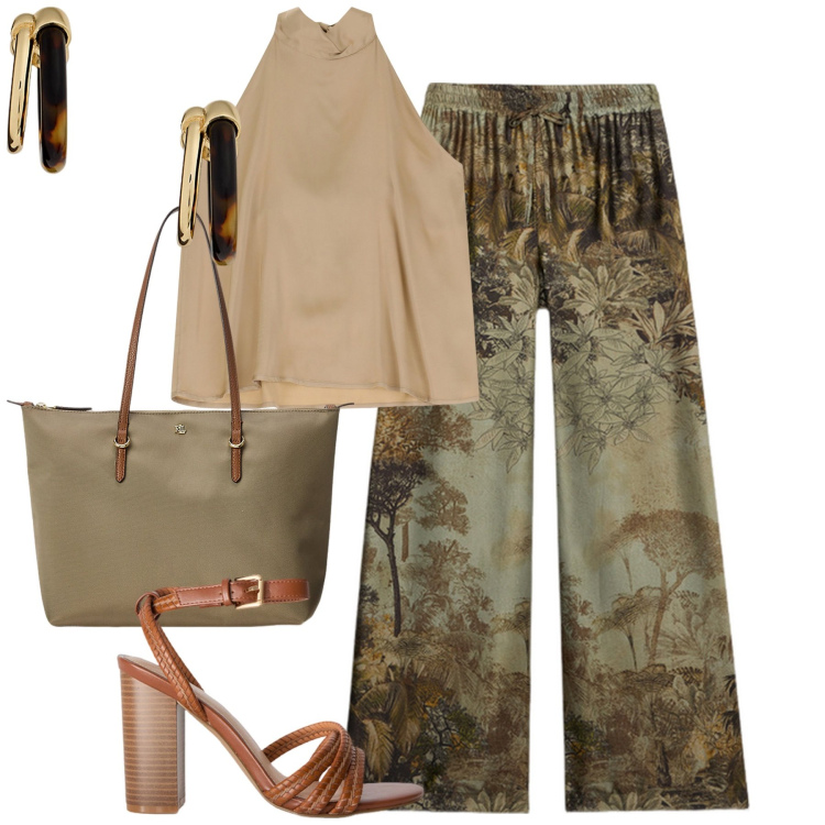 Outfit donna - Jungle. Stile Urban per Tutti i giorni. Abbinamento con top, borse tote, orecchini, pantaloni a palazzo, sandali col tacco.
