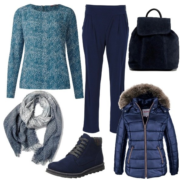 Outfit donna - Basic #20115. Stile Basic per Tutti i giorni. Abbinamento con piumini, pantalone, stivali navy, t-shirt blu, zaino con manico effetto scamosciato con coulisse in denim con tasca interna, sciarpa taglia unica blu.