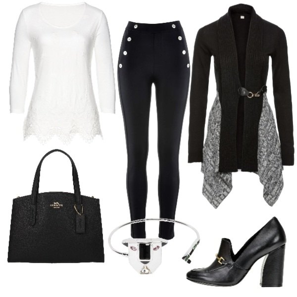 Outfit donna - Vigilia in semplicità. Stile Bon Ton per Serata fuori. Abbinamento con leggings, cardigans, maglia con pizzo bianco, bracciale con strass in placcato argento, borsa a mano con tasca interna nero, scarpe.