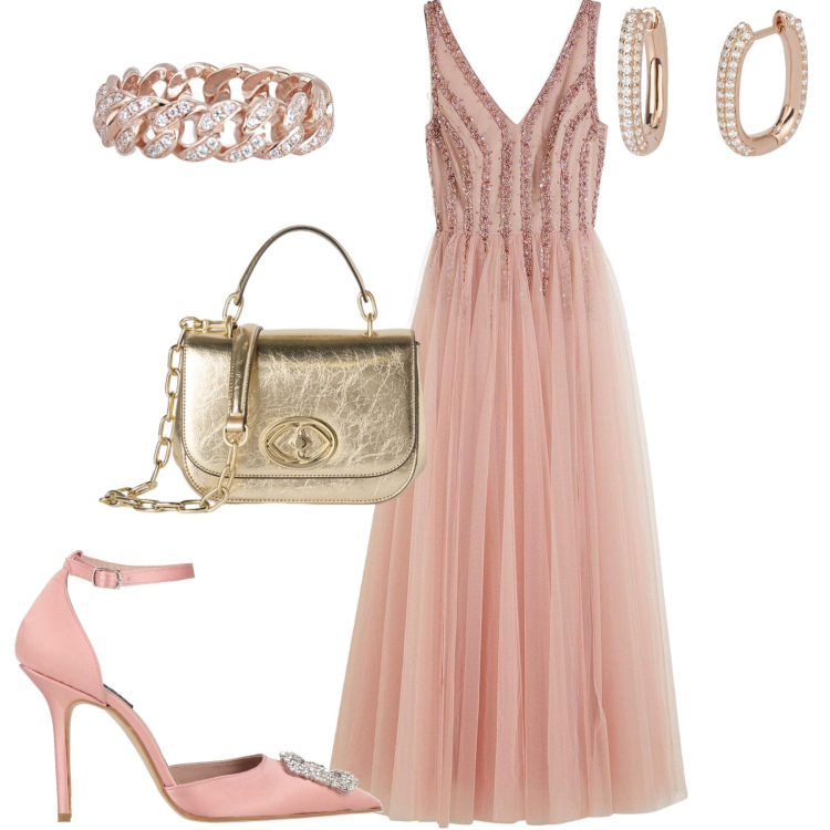 Outfit donna - Cerimonia. Stile Glamour per Cerimonia. Abbinamento con vestiti lunghi, décolleté, anelli, orecchini, borse a tracolla.