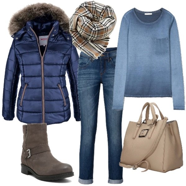 Outfit donna - In scooter. Stile Basic per Tutti i giorni. Abbinamento con piumini, jeans strappati, borsa a mano con tasca interna beige, maglia a maniche lunghe blu, stivaletti con cinturino e fibbia, sciarpa bianco.