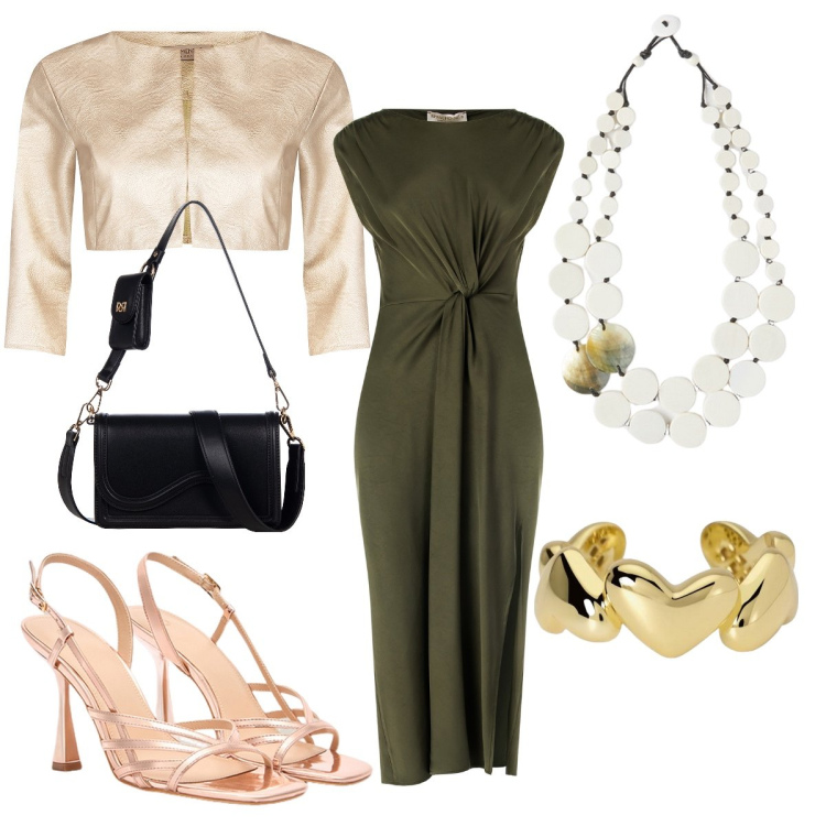 Outfit donna - Cerimonia serale. Stile Chic per Cerimonia. Abbinamento con anelli, bolero, vestiti midi/longuette, pochette, sandali col tacco, ciondoli.