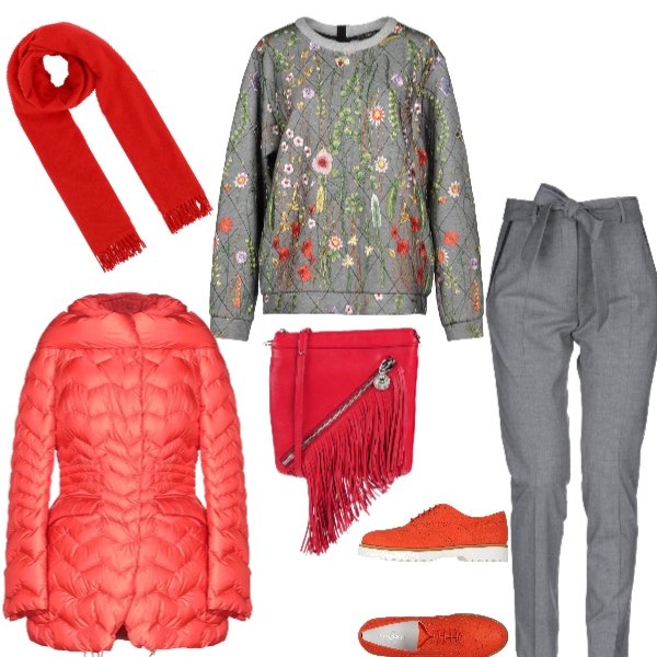 Outfit donna - Corsa ai regali dell’ultimo momento. Stile Urban per Tutti i giorni. Abbinamento con scarpe stringate, felpa senza tasche fantasia floreale con ricamo collo tondo a maniche lunghe in tulle, pantalone con fusciacca e paillettes vita alta con zip tinta unita, piumino collo alto a maniche lunghe in tessuto tecnico tinta unita, borsa a tracolla tinta unita, sciarpa 80% lana.