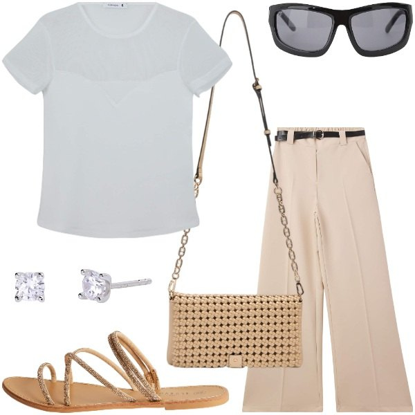 Outfit donna - Tinte pastello. Stile Glamour per Tutti i giorni. Abbinamento con pantaloni, t-shirt, sandali, orecchini, occhiali da sole, clutch.