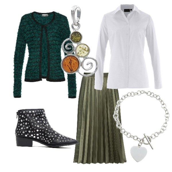 Outfit donna - Una gonna plissettata per le feste. Stile Trendy per Serata fuori. Abbinamento con camicie, cardigan filato verde e corda, gonna effetto satinato con zip verde, bracciale, stivaletti con borchie, ciondolo fantasia in argento 925 multicolore.