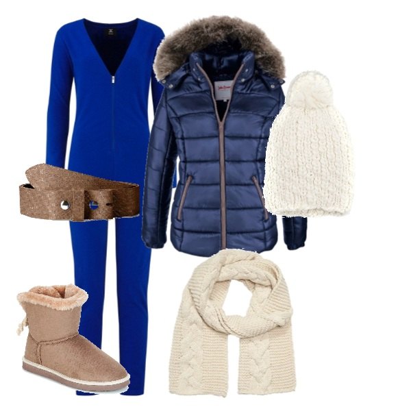 Outfit donna - Inverno trendy low cost. Stile Trendy per Tutti i giorni. Abbinamento con piumini, stivaletti beige, cintura, jumpsuit blu, cappello taglia unica bianco, sciarpa taglia unica beige.