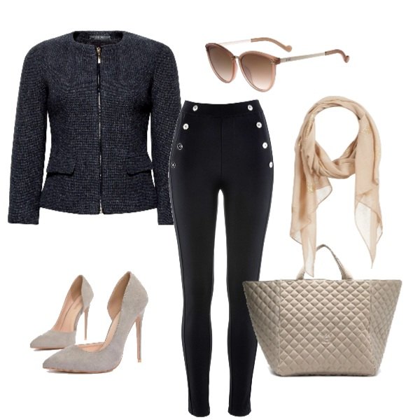 Outfit donna - Bon ton. Stile Bon Ton per Ufficio. Abbinamento con leggings, sciarpa beige, giacca grigio, shopping bag con borchie a clip con tasca interna rosso, décolleté grigio, occhiali da sole marrone.