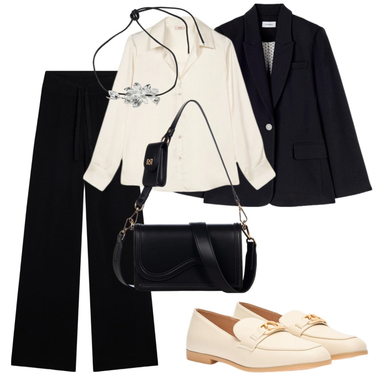Outfit donna - Tailleur. Stile Casual chic per Cerimonia. Abbinamento con collane, pochette, pantaloni, camicie, blazer, mocassini.