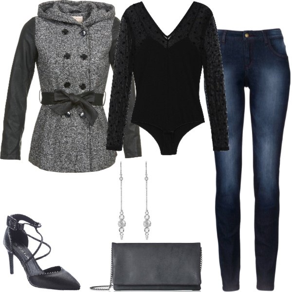 Outfit donna - Sexy #3806. Stile Sexy per Serata fuori. Abbinamento con jeans skinny, décolleté pumps con cinturino nero, cappotto grigio, body con scollo a maniche lunghe in tulle con bottoni nero, orecchini pendenti in sterling 925 ipoallergenico argento e bianco, pochette nero.