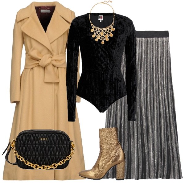 Outfit donna - Trendy #29702. Stile Trendy per Serata fuori. Abbinamento con cappotto, top con bande laterali scollatura profonda a maniche lunghe in ciniglia tinta unita, stivaletti effetto laminato con tacco squadrato e zip con punta tonda tinta unita, collana con gancetto, gonna al ginocchio made italy filato multicolore, borsa a tracolla mini.
