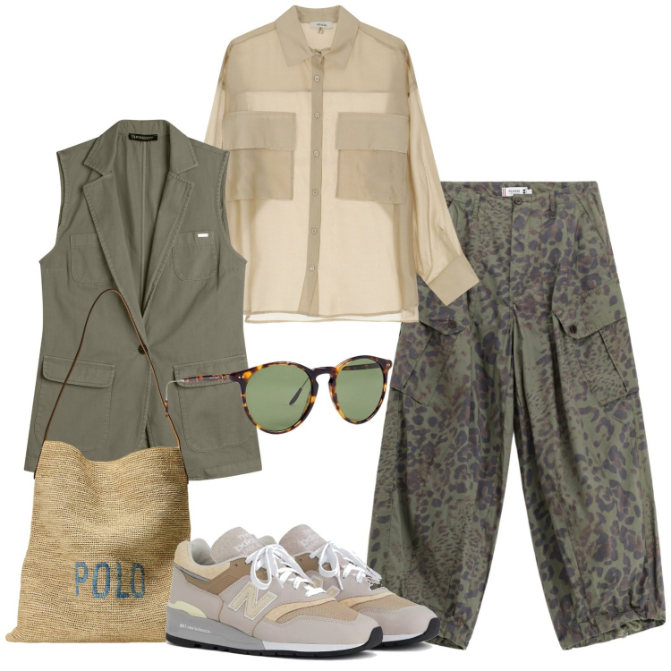 Outfit donna - Total look #2162634. Stile Casual per Tutti i giorni. Abbinamento con sneakers, pantaloni cargo, gilet, camicie, occhiali da sole, borse tote.