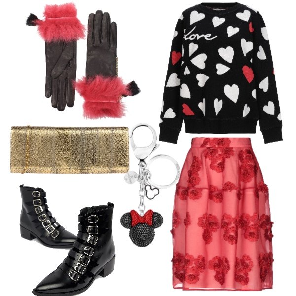 Outfit donna - Trendy in gonna con ricami e pullover. Stile Trendy per Serata fuori. Abbinamento con gonne longuette, pullover fantasia multicolore lavorato a maglia collo tondo a maniche lunghe, borsa a mano effetto laminato taglia media interno foderato tinta unita, guanti nero, borsa nero, stivali nero.