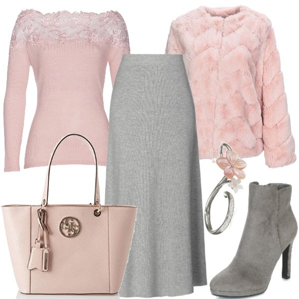 Outfit donna - Delicata in inverno. Stile Bon Ton per Tutti i giorni. Abbinamento con pullover con pizzo e scollo filato rosa e corda, gonna longuette lavorato a maglia interno sfoderato tinta unita, pelliccia eco, stivaletti con plateau e tacco grigio, borsa a mano tote rosa, anelli.