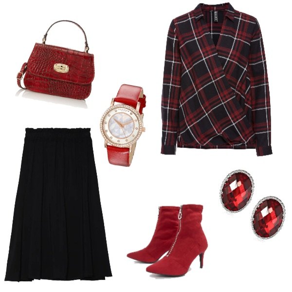 Outfit donna - Basic #20248. Stile Basic per Serata fuori. Abbinamento con blusa a quadri in flanella, gonna midi nero, stivali con tacco spillo e zip bianco e nero, orecchini, orologio analogico con cinturino in pelle rosso, pochette rosso.