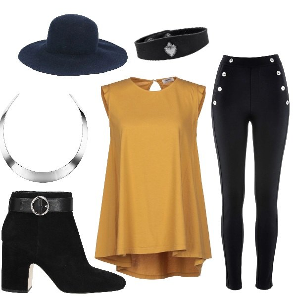 Outfit donna - Brooklyn crush. Stile Basic per Tutti i giorni. Abbinamento con leggings, top collo tondo senza maniche in cotone jersey, cappello, stivaletti, collana girocollo rigido, bracciale stretto ipoallergenico.