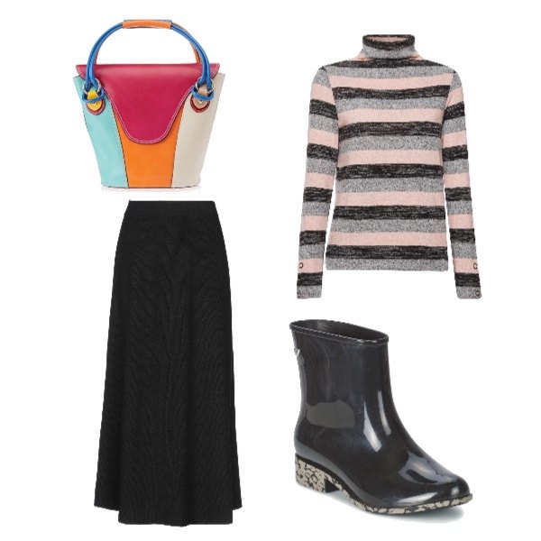 Outfit donna - Urban #10072. Stile Urban per Tutti i giorni. Abbinamento con gonna longuette lavorato a maglia interno sfoderato tinta unita, stivaletti nero, maglia a maniche lunghe rosa, borsa a mano multicolore.