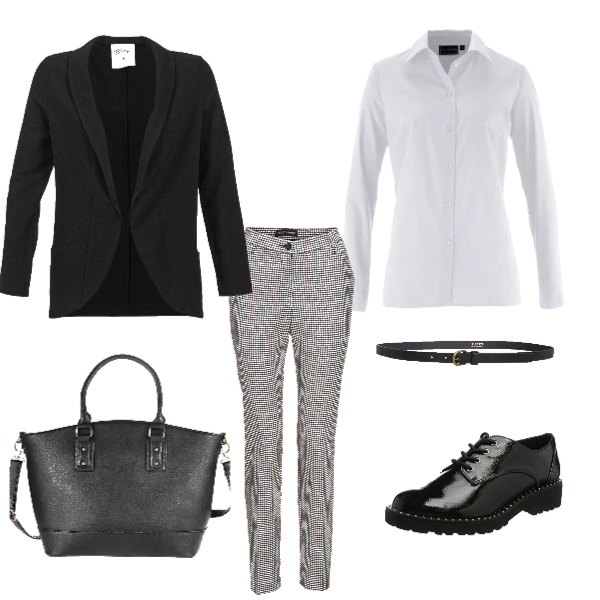 Outfit donna - Moda low cost. Stile Trendy per Ufficio. Abbinamento con camicie, vestiti lunghi, borsa a tracolla nero, giacca nero, scarpe oxford nero, cintura con fibbia e punta tonda in pelle sintetica lunghezza regolabile.