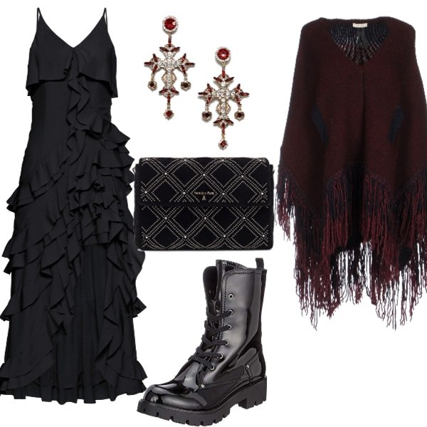 Outfit donna - Il cenone. Stile Etnico per Serata fuori. Abbinamento con mantella senza tasche lavorato a maglia interno sfoderato tinta unita, bluse, stivali nero, orecchini con perle farfalla in denim oro, pochette maxi con borchie in velluto.