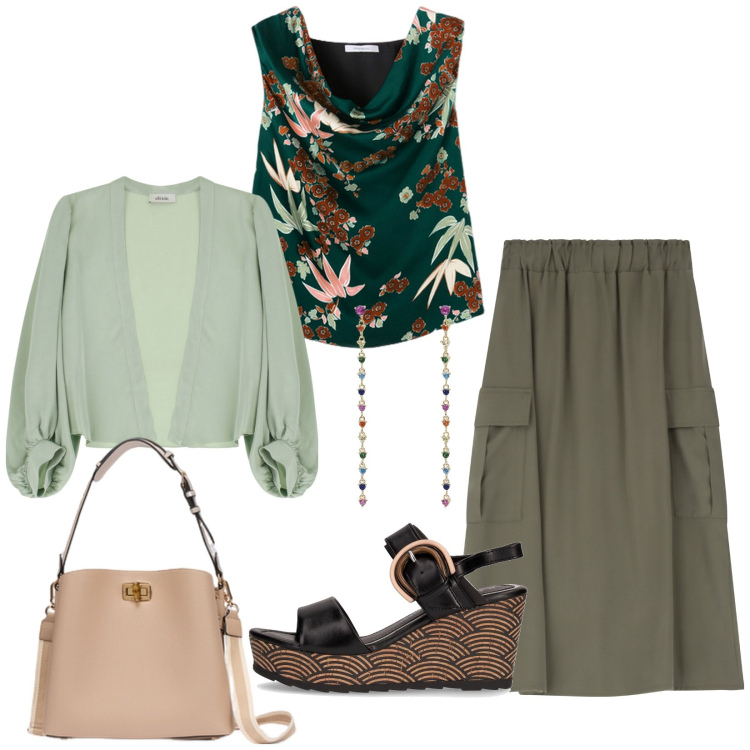 Outfit donna - Total look #2164462. Stile Casual chic per Tutti i giorni. look ideale per Tall. Abbinamento con orecchini, gonne lunghe, gilet, top, borse a secchiello, sandali col tacco.