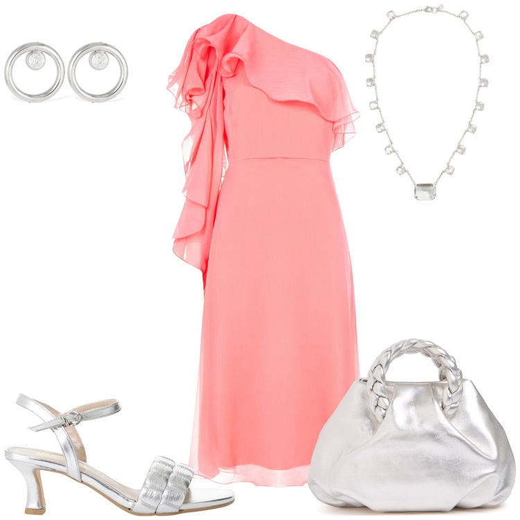 Outfit donna - La serata glamour. Stile Chic per Serata fuori. Abbinamento con vestiti asimmetrici, sandali col tacco, collane, borse a mano, orecchini.