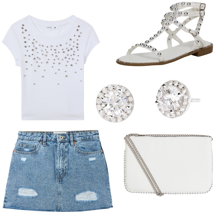 Outfit donna - Pomeriggio con le amiche. Stile Casual chic per Tutti i giorni. Abbinamento con minigonne, t-shirt, sandali, borse a tracolla, orecchini.