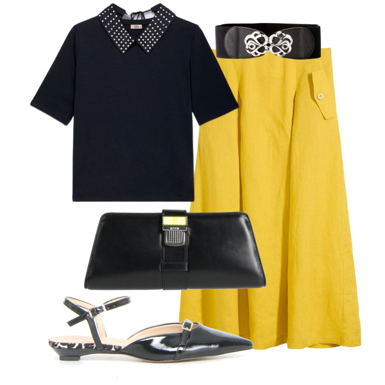 Outfit donna - Slingback con piccolo tacchetto. Stile Bon Ton per Ufficio. Abbinamento con cinture, gonne, borse a spalla, t-shirt, sandali in pelle.