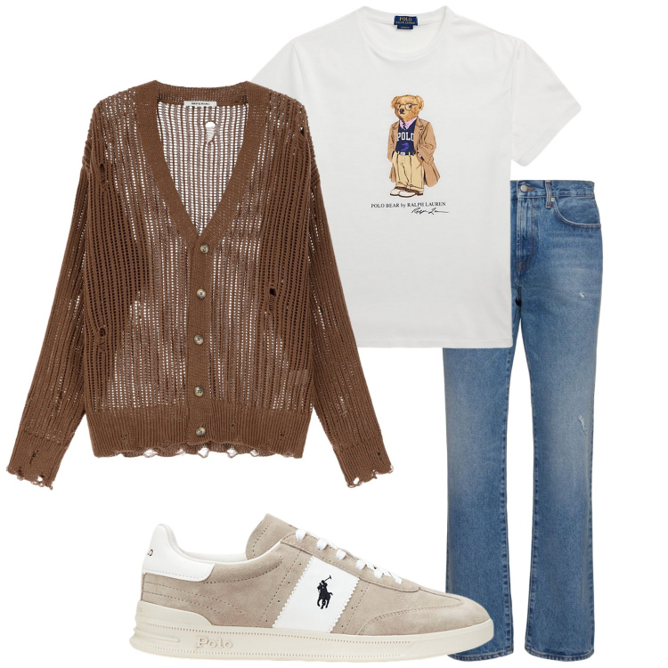 Outfit uomo - Aperitivo con gli amici. Stile Trendy per Serata speciale. Abbinamento con cardigans, t-shirt, sneakers, jeans.