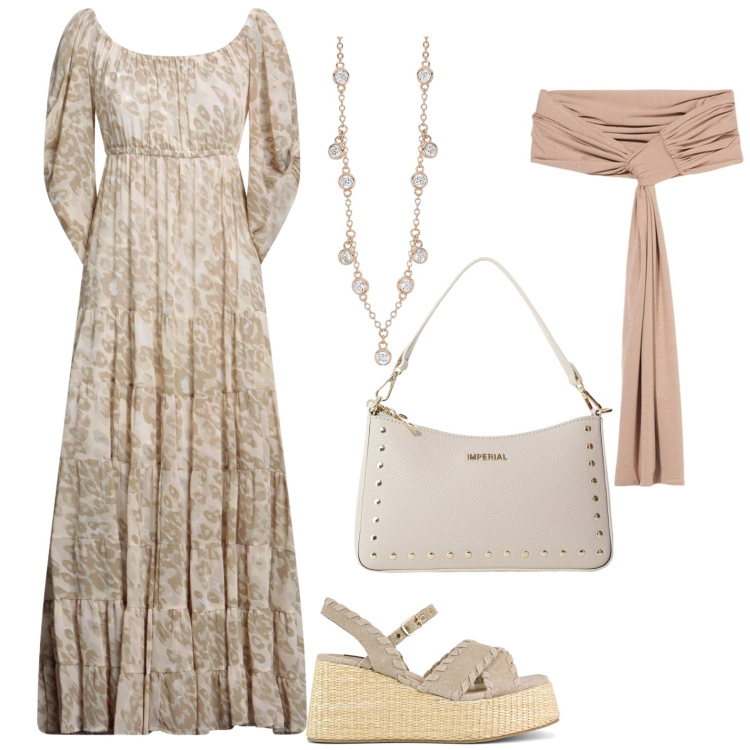 Outfit donna - Imperiale. Stile Vintage retrò per Serata fuori. Abbinamento con vestiti lunghi, collane, borse a spalla, zeppe, scialli.