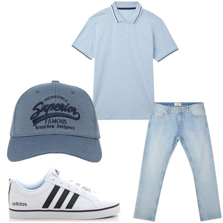 Outfit uomo - Semplice. Stile Casual per Tutti i giorni. Abbinamento con jeans, cappelli con visiera, polo, sneakers.