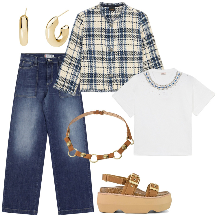 Outfit donna - Total look #2164489. Stile Mannish per Tutti i giorni. Abbinamento con orecchini, jeans, cinture, sandali col tacco, blazer, t-shirt.