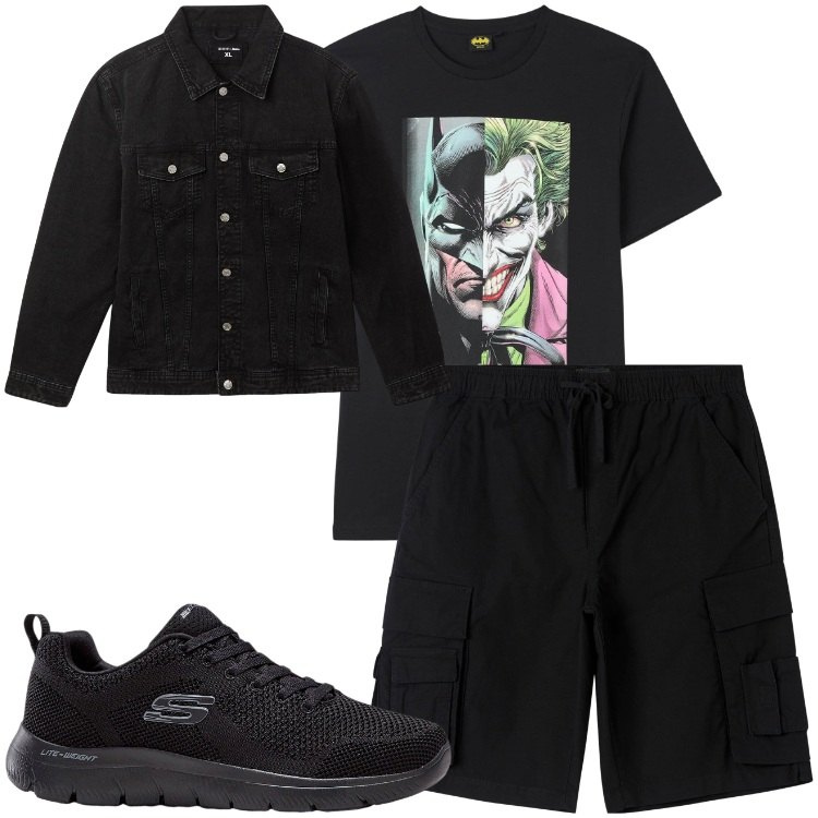 Outfit uomo - Black Joker. Stile Casual per Tutti i giorni. Abbinamento con sneakers, giacche, t-shirt, pantaloni corti.