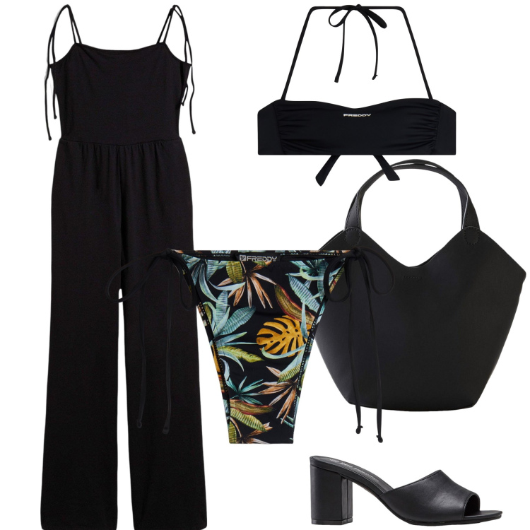 Outfit donna - Tuta da amare. Stile Glamour per Mare. Abbinamento con tute, ciabatte, borse a mano, bikini, bikini.