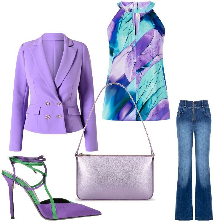 Outfit donna - Jeans da sera. Stile Casual chic per Serata fuori. Abbinamento con décolleté, top, blazer, jeans, borse a spalla.