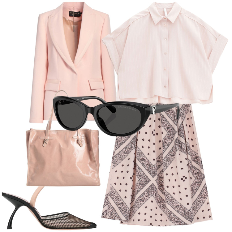 Outfit donna - Black on pink. Stile Bon Ton per Ufficio. Abbinamento con décolleté, blazer, borse a mano, camicie a manica corta, gonne longuette, occhiali da sole.