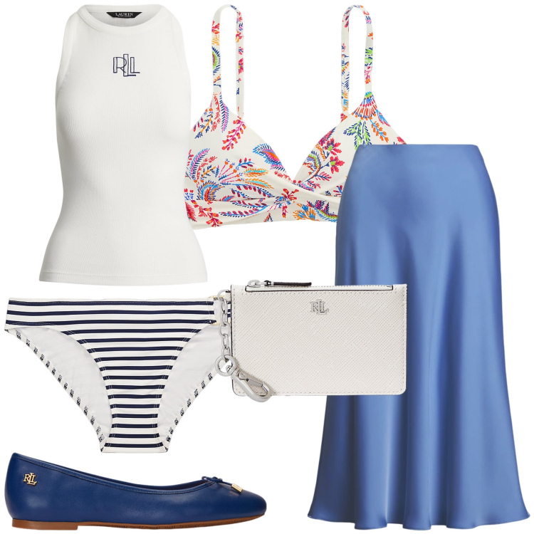 Outfit donna - Lauren beach. Stile Bon Ton per Mare. Abbinamento con ballerine, portafogli, gonne, canottiere, bikini, bikini.
