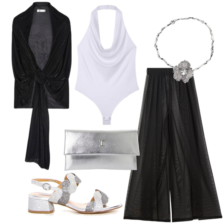Outfit donna - Total look #2164503. Stile Sporty chic per Cerimonia. Abbinamento con body, pantaloni a palazzo, pochette, collane, sandali col tacco, bolero.
