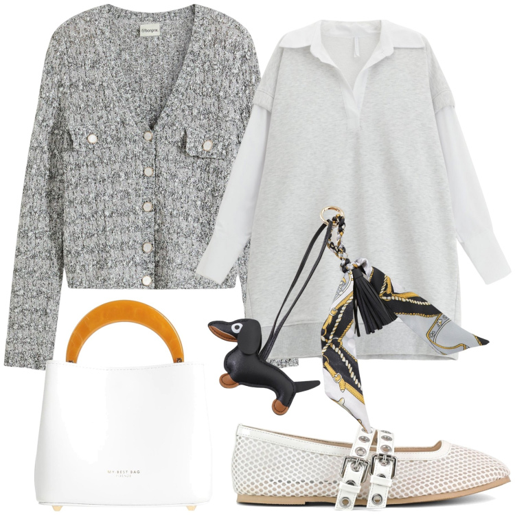 Outfit donna - Ufficio in cardigan. Stile Urban per Ufficio. Abbinamento con cardigans, borse a mano, vestiti corti, portachiavi, ballerine.