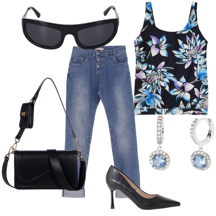 Outfit donna - Aperitivo del venerdì sera. Stile Glamour per Serata fuori. Abbinamento con top, orecchini, pochette, jeans slim fit, décolleté, occhiali da sole.