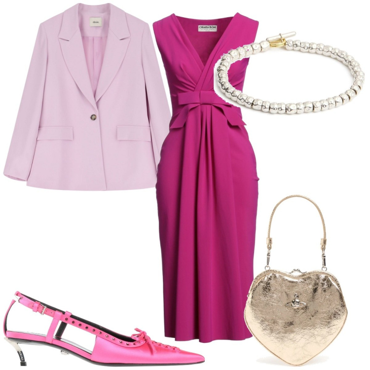 Outfit donna - Total look #2164521. Stile Trendy per Cerimonia. Abbinamento con décolleté, vestiti midi/longuette, blazer, braccialetti, pochette.