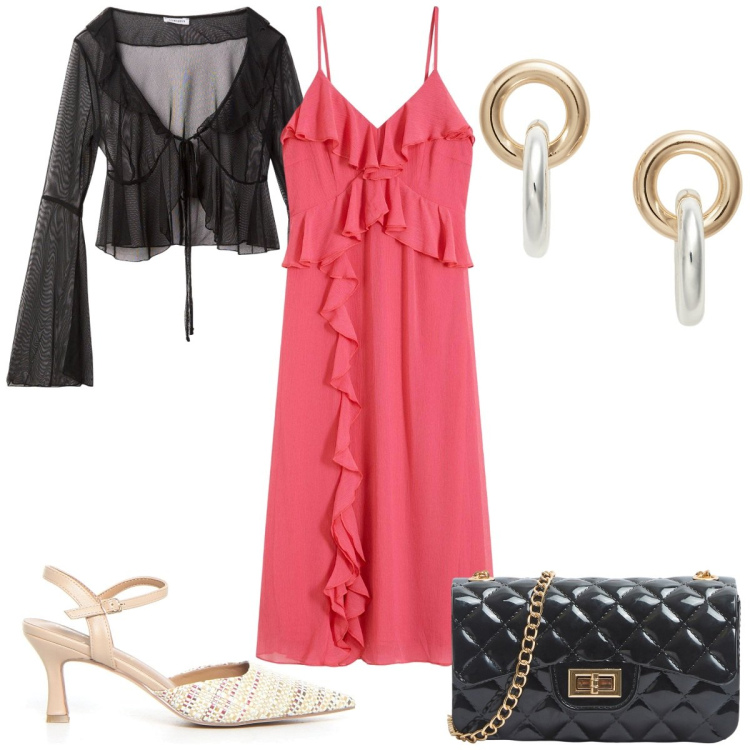 Outfit donna - Total look #2164530. Stile Trendy per Cerimonia. Abbinamento con vestiti midi/longuette, bolero, borse a tracolla, orecchini, sandali col tacco.
