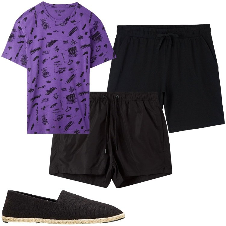 Outfit uomo - Graffiti al mare. Stile Casual per Mare. Abbinamento con espadrillas, costumi, t-shirt, pantaloni corti.