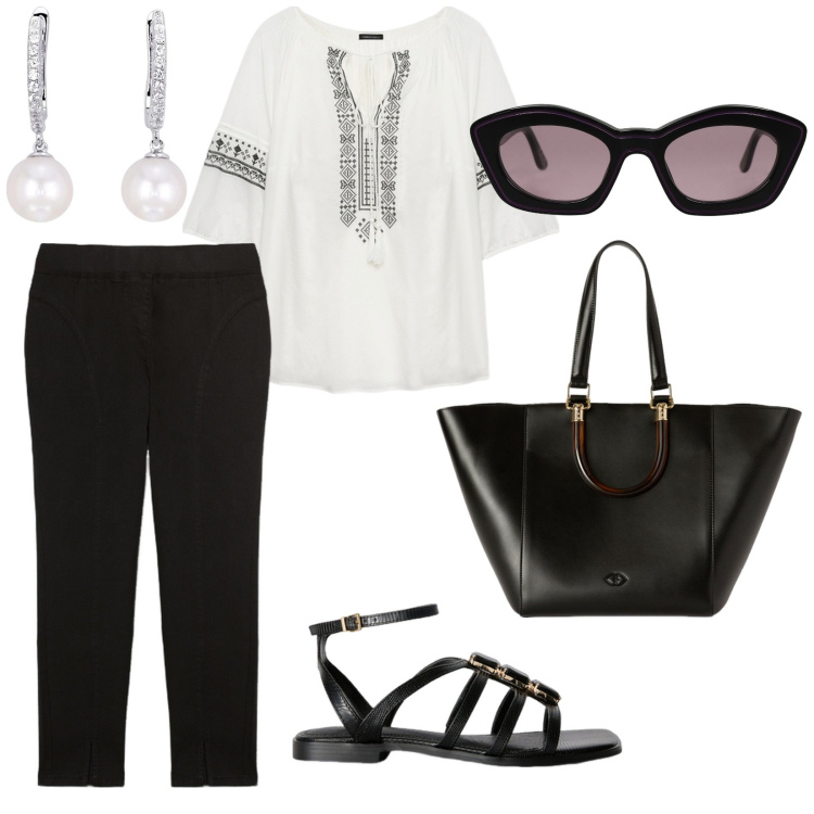 Outfit donna - Commissioni di pomeriggio. per Tutti i giorni. Abbinamento con occhiali da sole, orecchini, jeggings, bluse, shopping bag, sandali gioiello.
