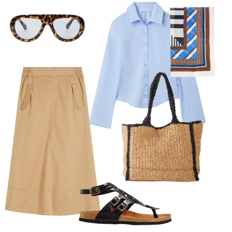 Outfit donna - Estate. per Tutti i giorni. Abbinamento con shopping bag, sandali in pelle, gonne longuette, camicie, occhiali da sole, foulard.