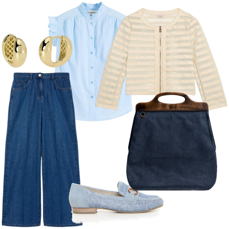 Outfit donna - Per tutti i giorni. per Tutti i giorni. Abbinamento con bluse, orecchini, mocassini, jeans, borse a tracolla, blazer.