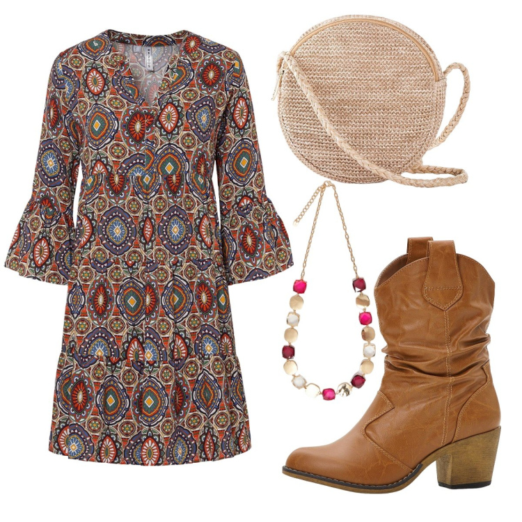 Outfit donna - I texani in città. Stile Etnico per Serata fuori. Abbinamento con vestiti corti, stivaletti texani, borse a tracolla, collane.