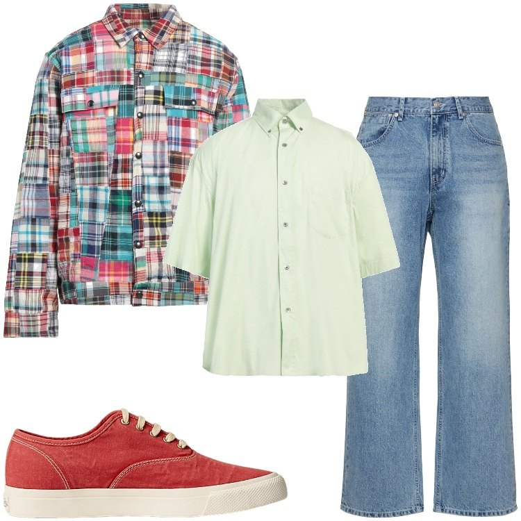 Outfit uomo - Una serata patchwork. Stile Trendy per Serata speciale. Abbinamento con giacche, camicie a manica corta, sneakers, jeans.