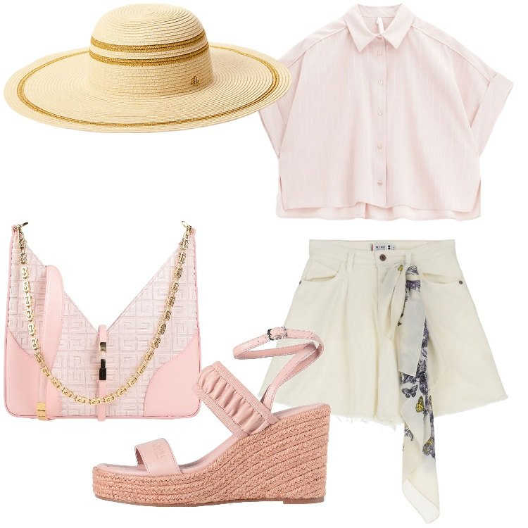Outfit donna - Shopping in rue Francois Sibilli. Stile Vintage retrò per Tutti i giorni. Abbinamento con espadrillas, borse a spalla, shorts, camicie a manica corta, cappelli.